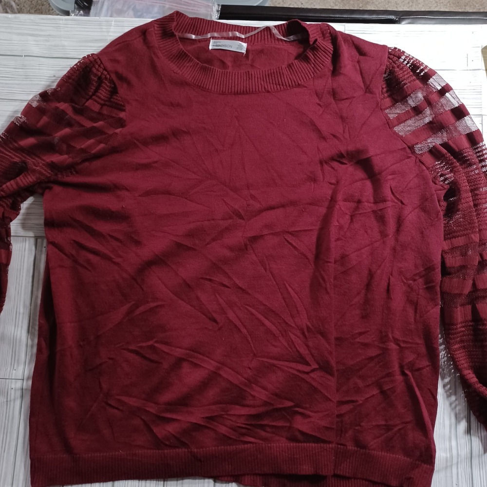 89th + Madison Womens 2X Burgundy Crew Neck Mesh Stripe Sleeve Knit Sweater Top